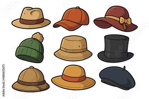 Collection of diverse hats vector icon set. Cartoon headwear fashion includes baseball cap, fedora, beanie, top hat, sunhat, beret, bucket hat. Head accessories.