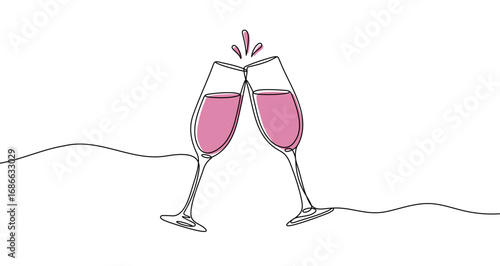 Two clinking rose champagne glasses in one line art style. Drawing with editable black stroke and pink liquid on white background. Vector illustration.