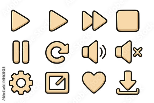 Media player control icon set. Vector cartoon collection of buttons for multimedia applications. UI/UX elements like play, pause, stop, forward, volume, mute, and download.