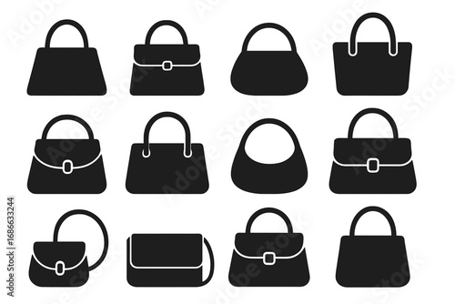 Set of black handbag silhouettes. Collection of women's fashion accessories. Various purse icons for graphic design. Vector illustration of different bag styles and shapes.