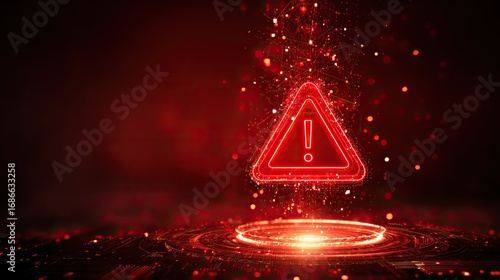 Futuristic hacker warning sign with glowing red exclamation mark and digital network nodes, cyber security and data protection concept digital art