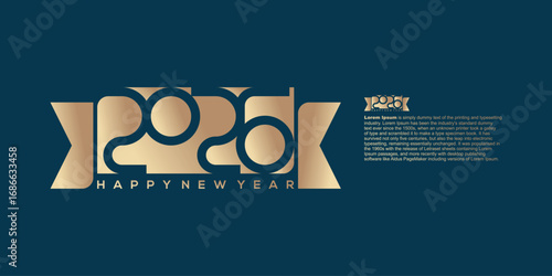 Elegant golden 2026 Happy New Year design with ribbon on a dark blue background.