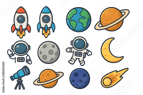 Vector space icon set. Cute cartoon collection with astronaut, rocket launch, planets, moon, and telescope. Galaxy exploration elements for children's educational and science design.