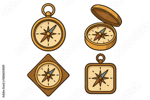 Vector set of vintage compass icons. Cartoon collection for navigation, exploration, and travel themes. Symbol of direction, discovery, journey, adventure, and guidance.