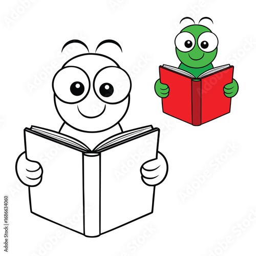 Cute bookworm coloring page featuring a happy little worm reading a bright red book. Fun and creative design for kids who love reading and coloring adventures!
