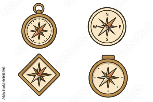 Set of various compass designs for navigation and exploration. Vintage wind rose icons for travel and adventure. Nautical direction and discovery concept. Vector cartoon illustration.