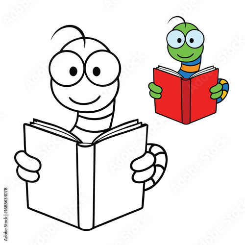 Cute bookworm coloring page featuring a happy little worm reading a bright red book. Fun and creative design for kids who love reading and coloring adventures!
