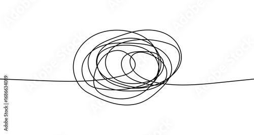 Tangled doodle in one line art style. Drawing of tangled lines with editable black stroke on white background. Vector illustration.