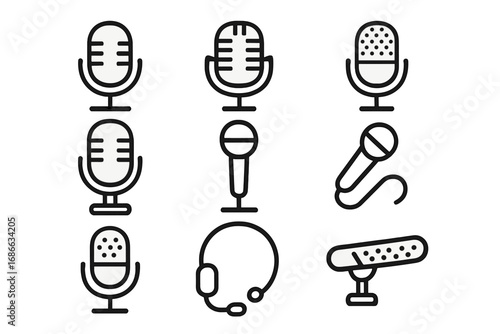 Microphone icon set for podcast, audio recording, and broadcast. Vector collection of retro studio, handheld dynamic, headset, and shotgun mics. Sound and voice equipment symbols.
