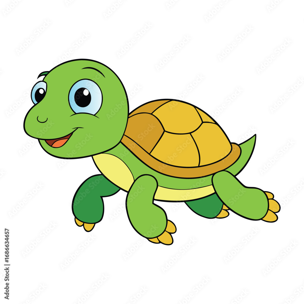 Fototapeta premium A playful cartoon turtle dashing joyfully, tiny legs moving fast, big cheerful eyes, and a happy smile—full of energy, fun, and adorable charm in motion. 