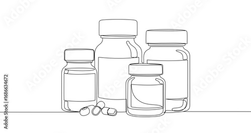 Various medicine bottles and capsules in one line art style. Drawing with editable black stroke on white background. Vector illustration.