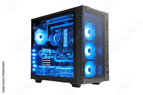 Dark gray computer case, lit with vibrant blue LEDs.  Clear side panel reveals internal components, including cooling system, fans, and motherboard