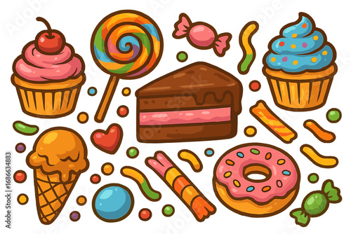 Cartoon sweets and candy vector set. Colorful collection of cute dessert icons: cupcake, cake, lollipop, donut, ice cream. Confectionery illustration for party or bakery.
