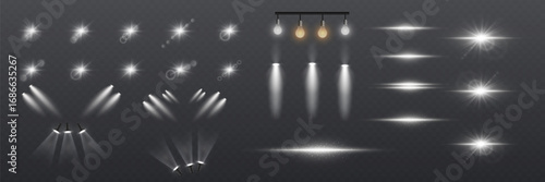 Realistic spotlight beams and glowing lighting effects. On a transparent background