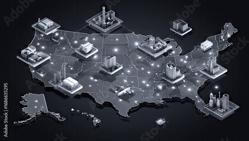 USA industrial map, isometric style