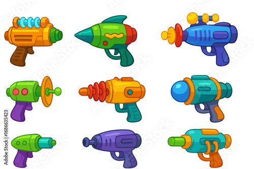 Set of colorful cartoon energy blasters. Sci-fi laser raygun collection for gaming or imaginative storytelling. Vector illustration of futuristic fantasy toy weapons. Game assets.