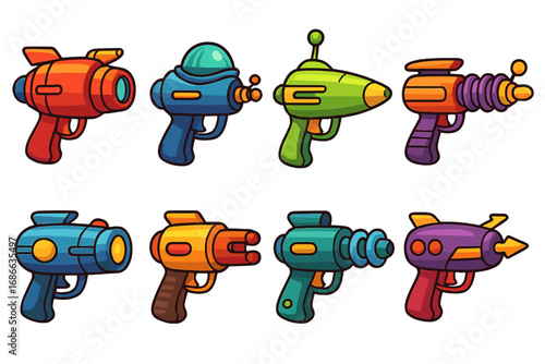 Set of colorful cartoon energy blasters and laser guns. Vector illustration for sci-fi games or imaginative storytelling. Collection of futuristic toy pistols and weapons design.