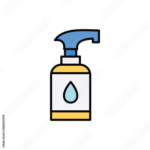 A graphic shows a yellow hand sanitizer bottle with a blue pump top A light blue teardrop is in the white label. Editable stroke. Icon vector illustration