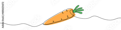 Orange carrot with green top in one line art style. Carrot drawing with editable black stroke on white background. Vector illustration.