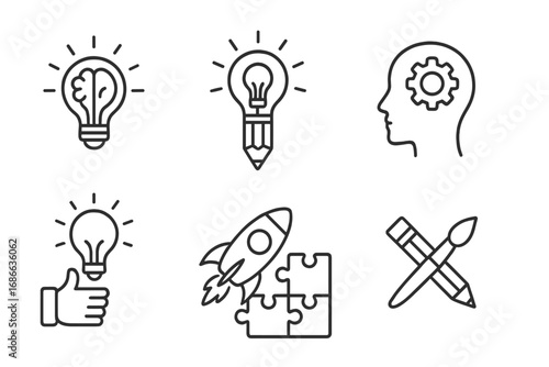 Vector icon set for innovation and creativity. Lightbulb, brain, rocket launch, and puzzle solution. Line art for startup ideas, brainstorming, and creative process concept.