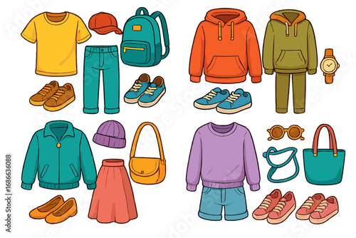 Casual clothes and accessories collection. Set of fashion outfits for men and women. Wardrobe design elements. T-shirt, hoodie, jeans, skirt, shoes, bag. Vector cartoon style.