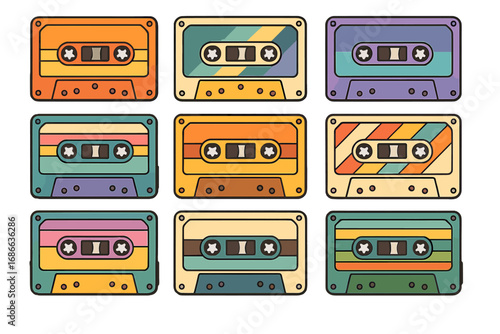 Retro audio cassette tapes set. Colorful vintage music cassettes from the 80s and 90s. Vector cartoon illustration. Nostalgic classic sound media icon collection isolated.