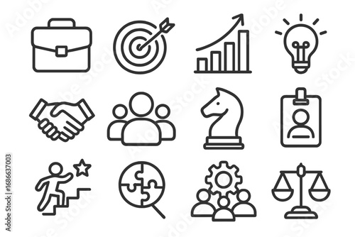 Business line icon set for success and growth. Vector icons for strategy, teamwork, goals, ethics, and management. Thin outline style symbols for corporate development.