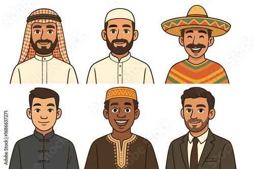 Multicultural men avatar collection. Diverse people portraits in traditional ethnic dress. Vector character set of Arab, Mexican, African, Chinese and modern businessman faces.