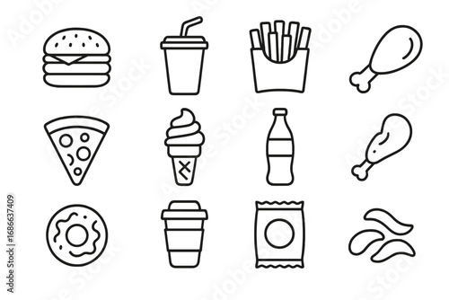 Food and drink outline icon set. Fast food, beverage, and snack line art collection. Vector junk food symbols like burger, pizza, fries, and soda for menu design.