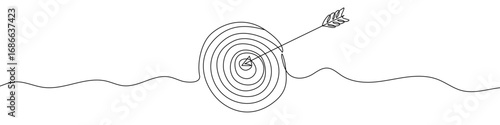 Arrow hitting target in one line art style. Drawing of arrow and target with editable black stroke on white background. Vector illustration.