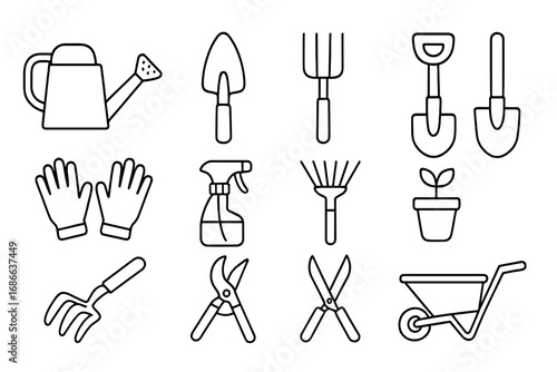 Gardening tools line icon set. Essential garden and farm equipment collection. Vector outline symbols for horticulture. Includes shovel, rake, fork, shears, and wheelbarrow.