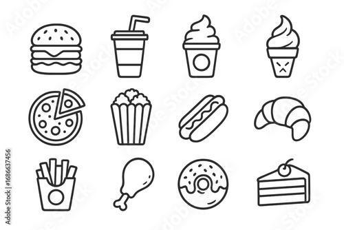 Fast food and drink outline icon set. Vector line art collection of junk food symbols: burger, pizza, hot dog, soda, fries, donut. Snack and dessert illustration for menu.
