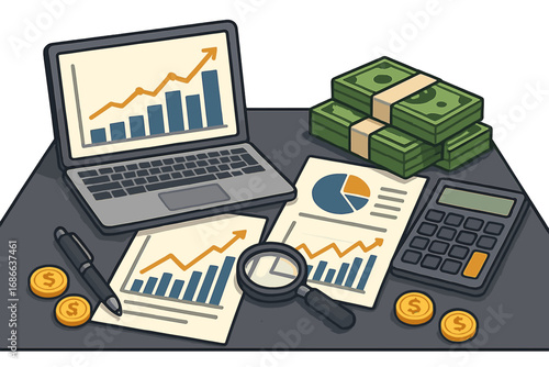 Financial analysis concept with charts, graphs, and cash on a desk. Business data report, investment growth, and profit. Vector cartoon of a modern office workspace scene.