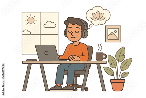 Man practicing mindfulness meditation at desk. Freelancer at home office listens to music for stress relief and focus. Concept of digital wellness, calm mind and mental health.