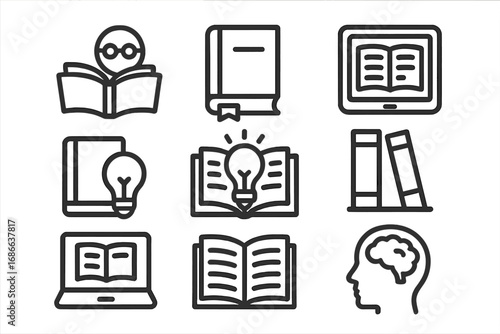 Reading and knowledge icon set. Education, learning, and library symbols. Vector line art collection with book, brain, idea lightbulb, e-reader and laptop for e-learning.