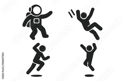 Gravity icons set. Human interaction with gravity. Solid filled glyph icons of an astronaut floating in space, person falling, athlete running and jumping. Vector illustration.