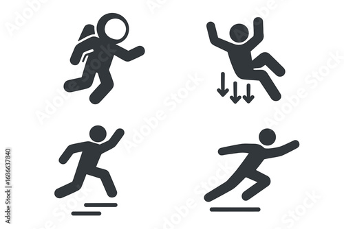 Gravity and motion icons set. Solid filled pictograms of human interaction with gravity. Astronaut floating, person falling, athlete jumping, man running fast vector illustration.
