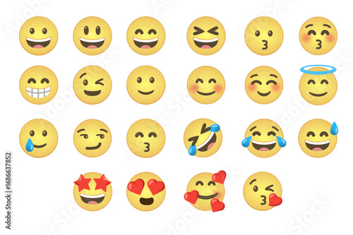 Smiling and Affectionate Emoji Collection – Cute Emoticon Set for Chat, Social Media, and Messaging Design in Isolated SVG, Vector