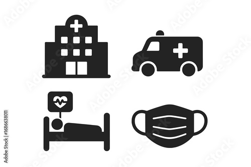 Healthcare icons set. Medical solid glyph symbols. Hospital building, ambulance car, patient in ICU bed with heart monitor, face mask. Pandemic, covid, emergency vector signs.