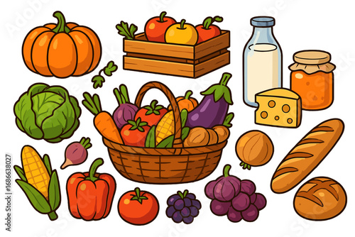 Farm food set. Fresh grocery produce from market. Cartoon vector illustration. Organic vegetables, fruits, dairy products. Healthy eating concept. Autumn harvest collection.