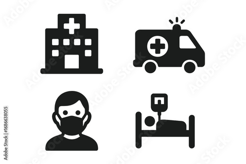 Healthcare and pandemic solid icon set. Vector symbols of hospital, ambulance, face mask and patient in bed. Medical emergency, treatment and virus protection concept.