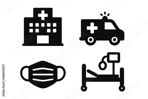Healthcare and pandemic preparedness icon set. Solid glyph symbols for medical emergency services. Hospital, ambulance, ICU bed, and face mask vector pictograms collection.