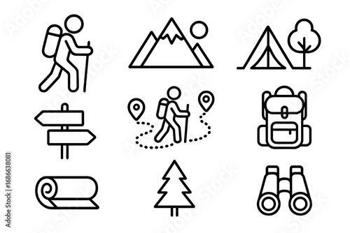 Hiking adventure line icon set. Outdoor exploration and camping symbols. Vector collection for trekking, nature travel. Includes mountain, tent, backpack, trail signs, binoculars.
