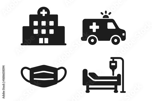Healthcare and medical emergency icon set. Solid glyph symbols for pandemic response. Hospital building, ambulance car, protective face mask, and ICU patient bed vector.
