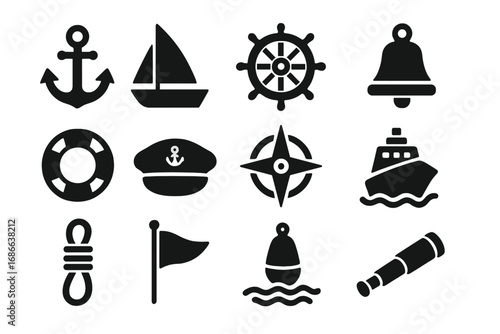 Maritime and nautical solid glyph icon set. Marine sailing, sea travel symbols collection. Vector illustration of anchor, ship wheel, boat, compass, captain hat, lifebuoy.