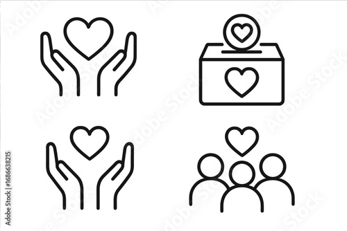 Charity and donation line icons set. Community support, volunteering, and love concepts. Vector illustrations of hands holding a heart, a giving box, and a social group symbol.