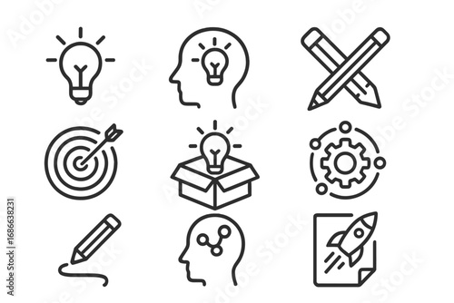 Innovation and creativity line icon set. Concepts for startup, new idea, brainstorming, targeting, and project launch. Outline vector symbols for business strategy and development.
