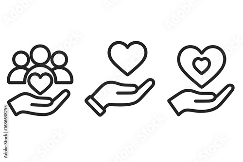 Charity and donation line icon set. Community support, volunteering, and social services concept. Vector symbols of hand holding heart and people. Solidarity and love.