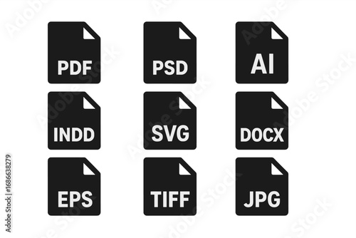 Black solid icon set of print and digital file formats. PDF, PSD, AI, INDD, SVG, DOCX, EPS, TIFF, JPG symbols. Flat vector document icons for graphic design projects.