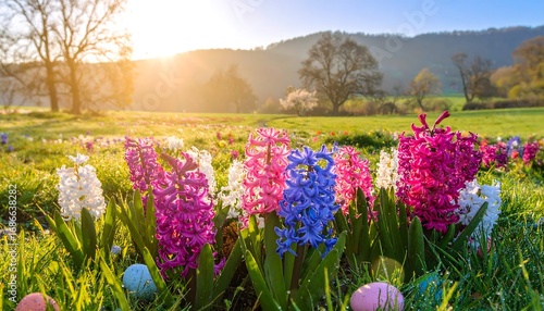 Vibrant hyacinths in a field at sunrise